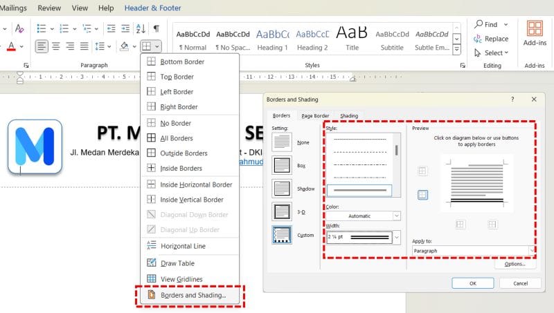 Cara Membuat Kop Surat di Word hanya Halaman 1 (5 Langkah Mudah) 6 garis kop surat