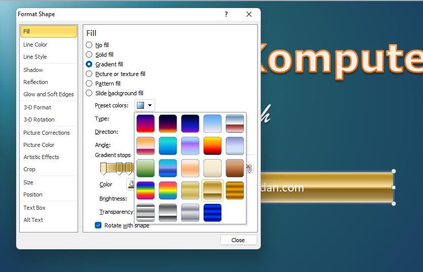 12 Panduan Dasar Membuat Presentasi PowerPoint Sederhana Tapi Menarik 13 Memformat shape dengan Gradient fill