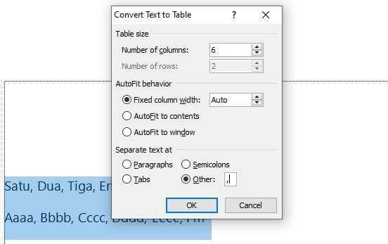 18 Panduan Lengkap Tabel di Word + Special Tricks 9 kotak dialog convert tetx to table