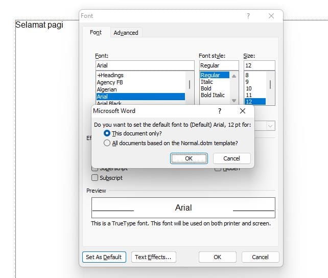 3 Langkah Cepat Mengubah Font Default Word 4 konfirmasi mengubah font default Word