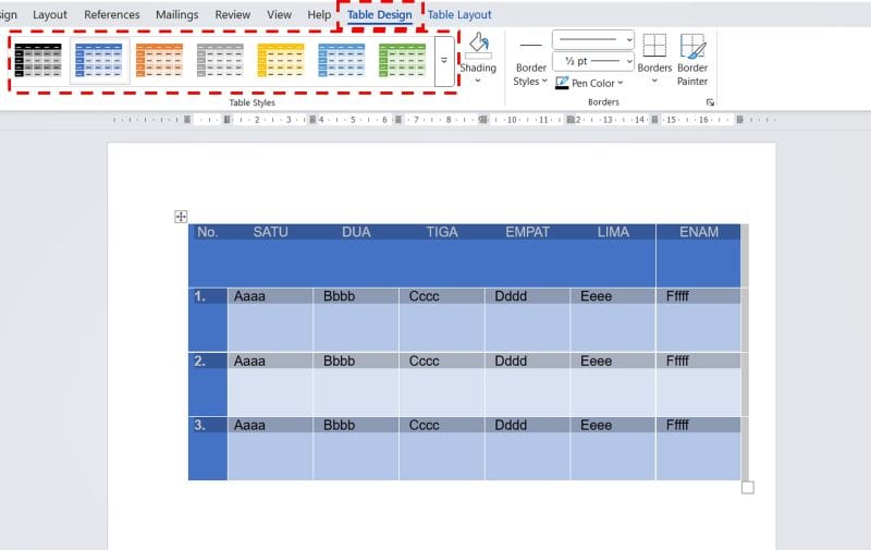 18 Panduan Lengkap Tabel di Word + Special Tricks 23 mewarnai tabel menggunakan Table Styles
