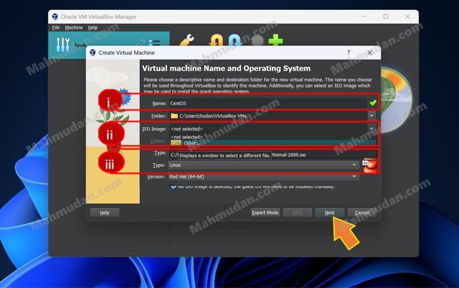 How to Create a CentOS Virtual Machine with VirtualBox on Windows 11 3 menentukan nama dan sistem operasi