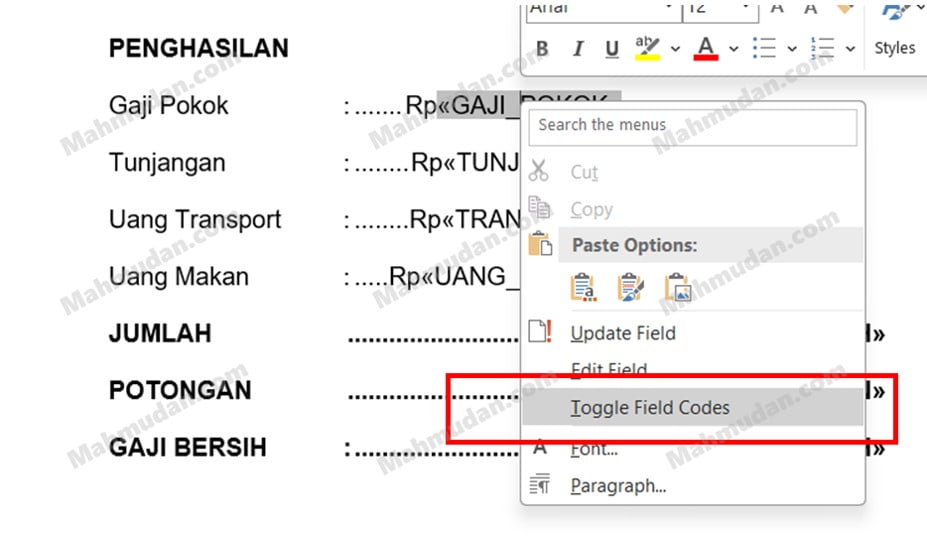 How to Create a Mail Merge Word with Excel Data + Special Tricks 12 toggle field code menu