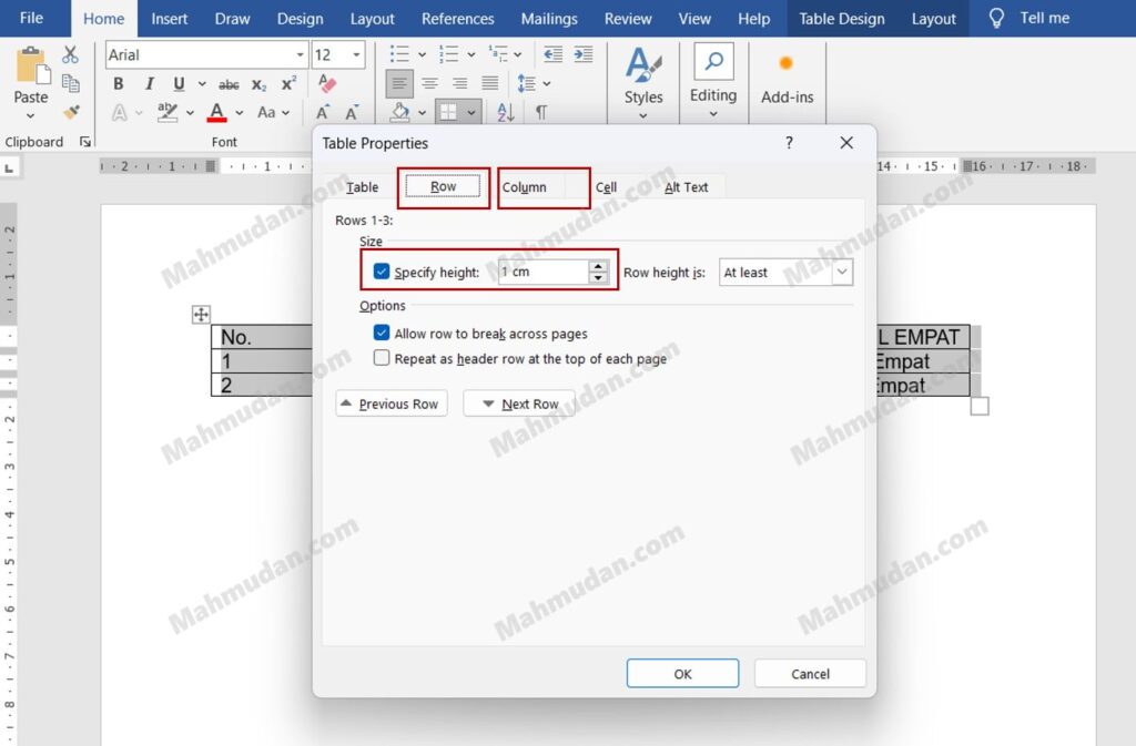 18 Panduan Lengkap Tabel di Word + Special Tricks 20 ubah ukuran baris atau kolom pada Table Properties