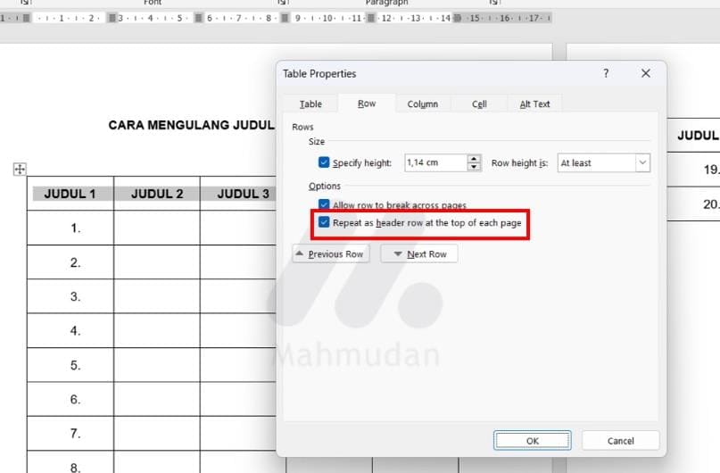 18 Panduan Lengkap Tabel di Word + Special Tricks 29 mengulang judul tabel di Word