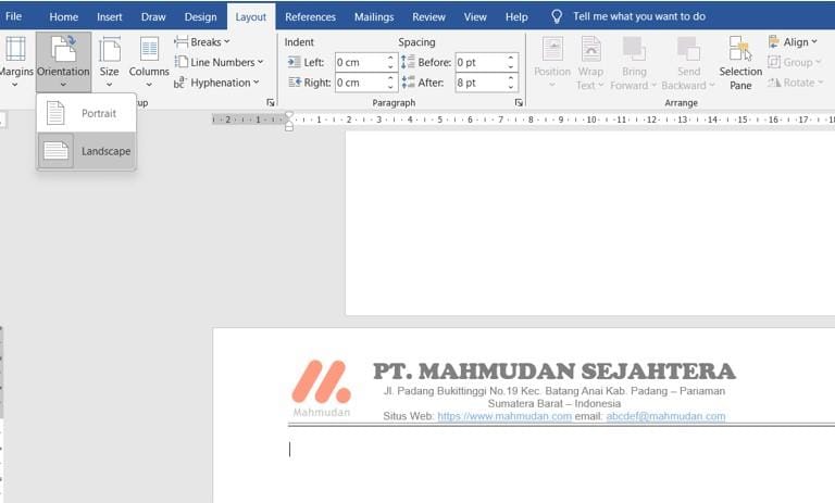 Set Portrait and Landscape inhe Word Documentn Word 3 ubah orientasi Landscape halaman berikutnya