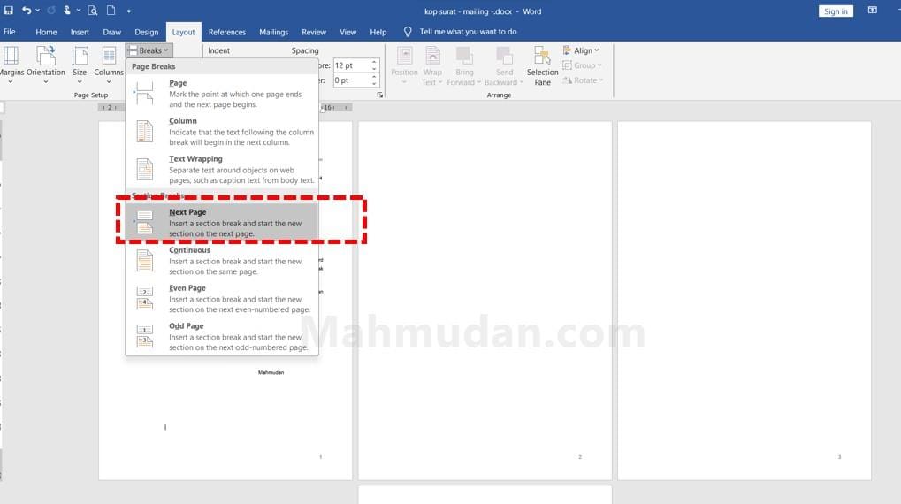 Set Portrait and Landscape inumeWord Document tambahkan Section-Break