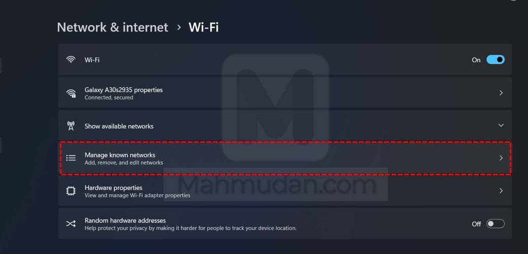 Viewing WiFi Passwords in Windows 11 - 5 Steps without CMD 5 pilih-manage-known-network