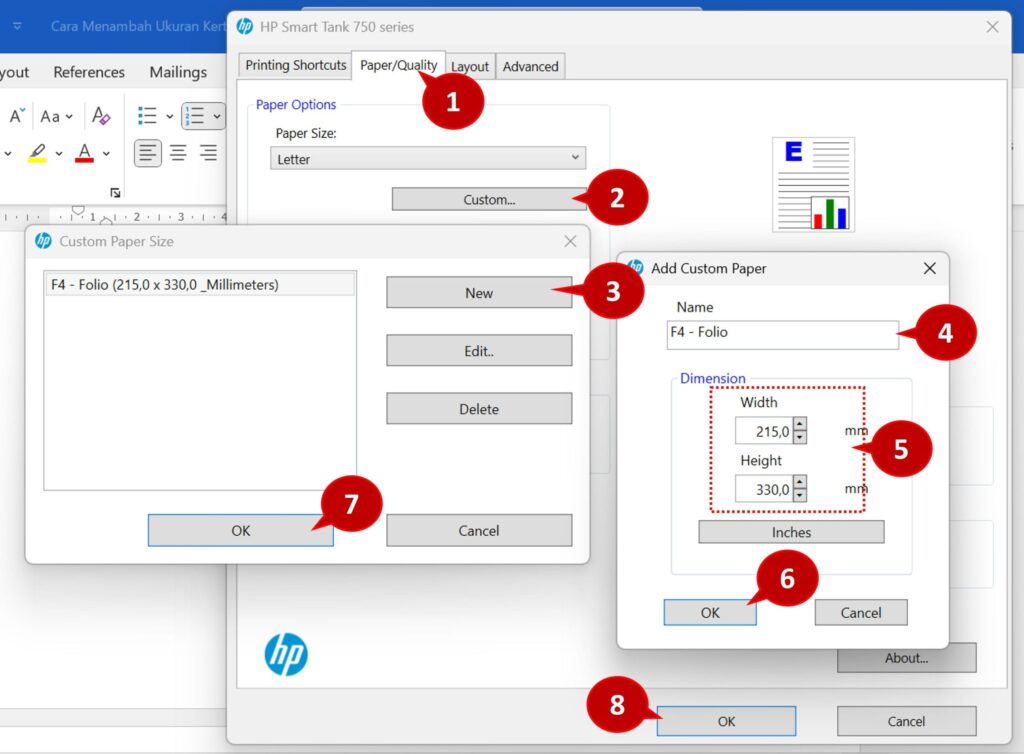 How to Add F4-Folio Paper SizeteWord/ExcelrbagVarious Printers ukuran kertas F4 atau Folio pada printer merek HP