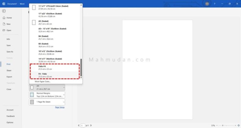 Word 中的 F4-pholio 纸张尺寸