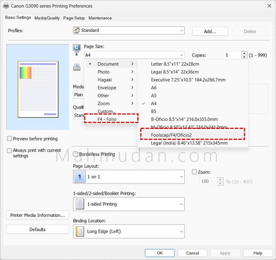 How to Add F4-Folio Paper Sizeo Word/Excell) -Various Printersr 7 preferensi printer Canon