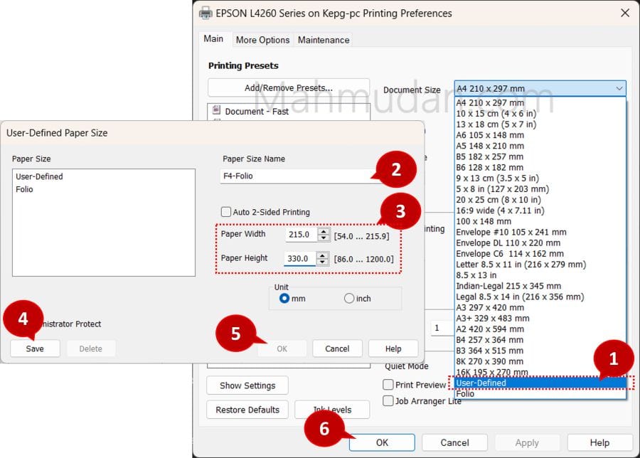 How to Add F4-Folio Paper SizexcWord/ExcelagaiVarious Printers menambahkan ukuran kertas f4 di printer EPSON